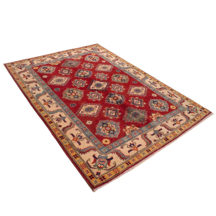 Red Afghan Kazak Rug 4' 11" x 6' 7" Hand-Knotted | No. AL14392