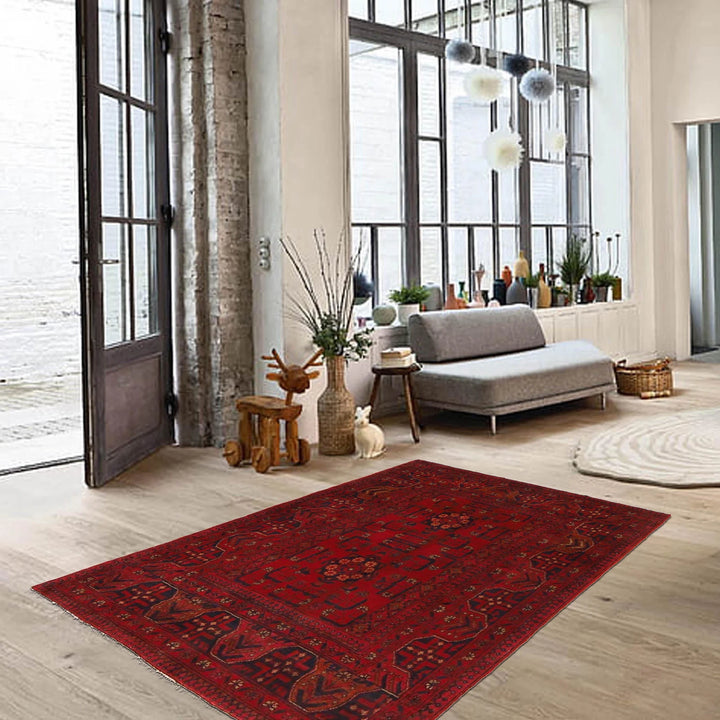 Red Afghan Khal Mohammadi Rug 3'5" x 4'8" Hand-Knotted | No. AL14687