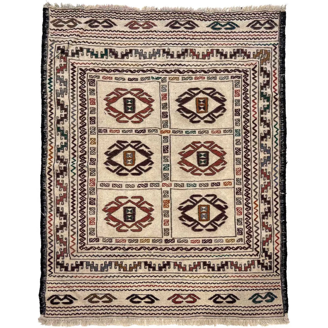 White Afghan Soumak Rug 4' 1" x 5' 9" Flat-Weave | No. AL14781