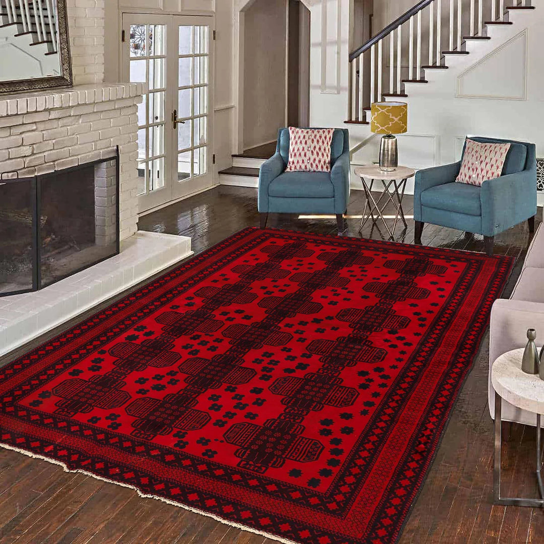 Red Afghan Baluchi Rug 6' 6" x 9' 5" Hand-Knotted | No. AL14794