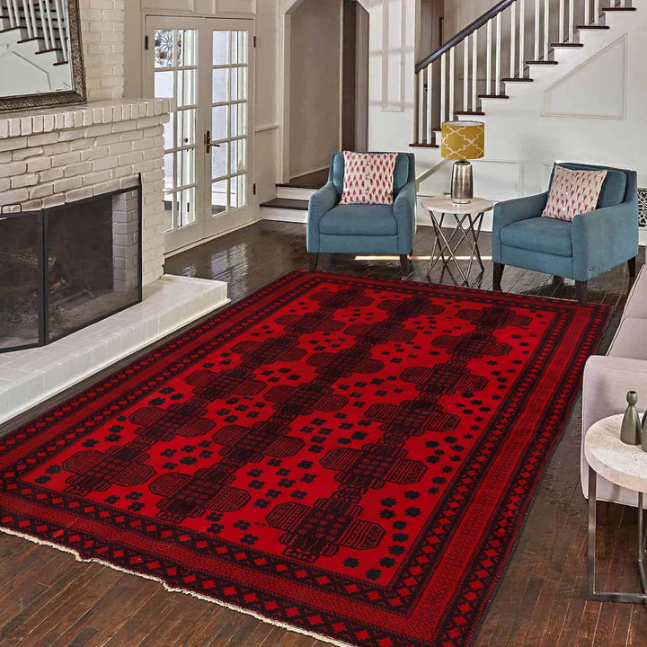 Red Afghan Baluchi Rug 6' 6" x 9' 5" Hand-Knotted | No. AL14794