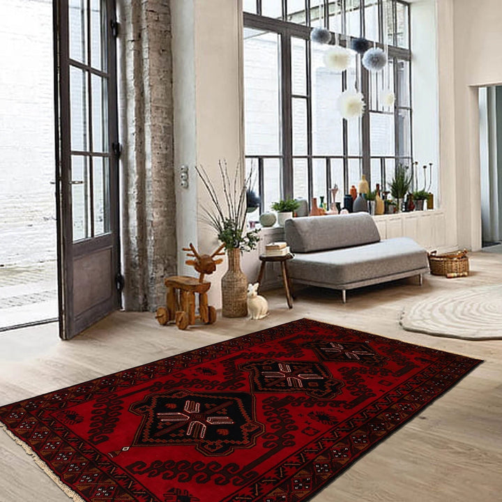 Red Afghan Baluchi Rug 4' 1" x 6' 8" Hand-Knotted | No. AL15058