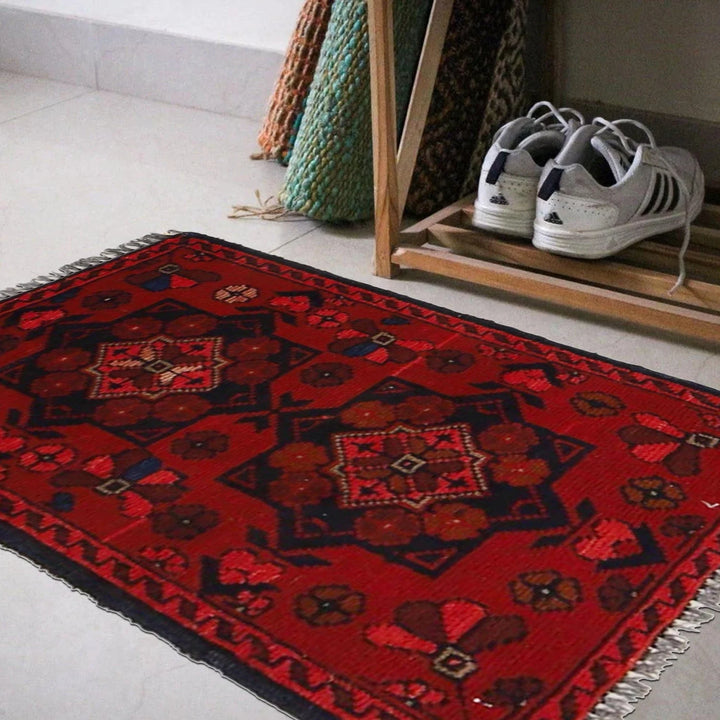 Red Afghan Oriental Doormat 1' 4" x 2' 2" Hand-Knotted | No. AL15128