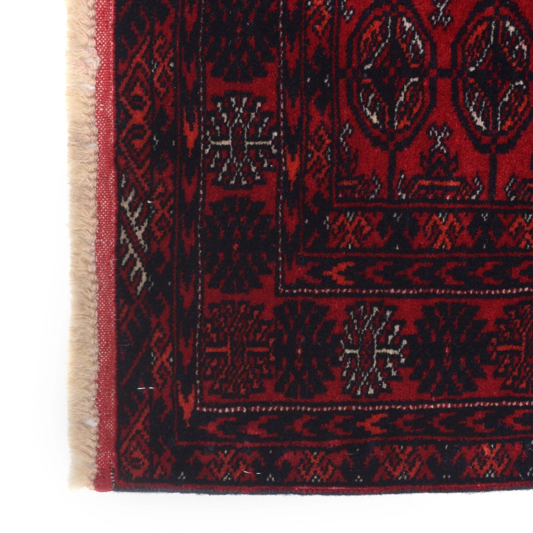 Red Afghan Bokhara Rug 2' 9" x 5' 6" Hand-Knotted | No. AL15168