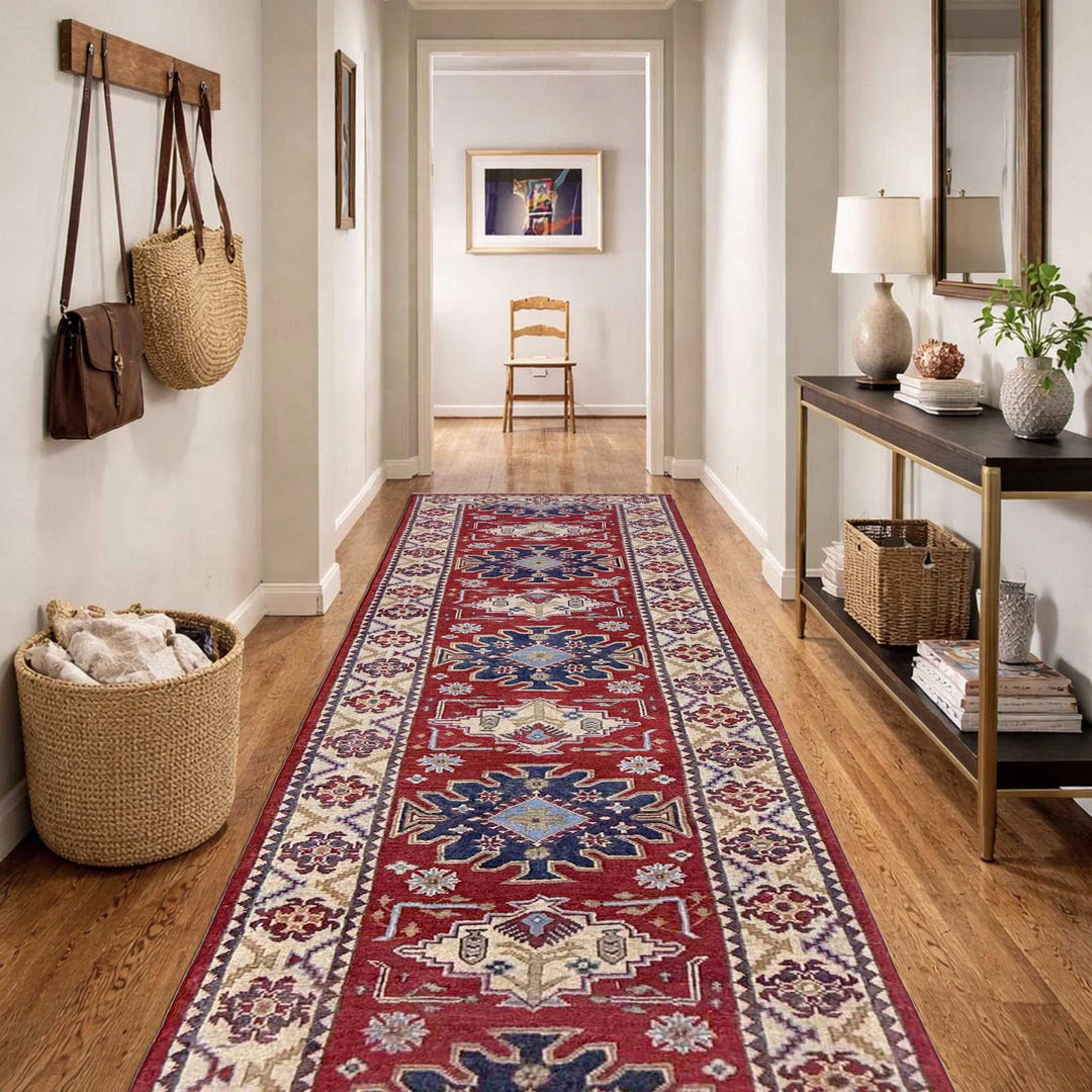 Red Afghan Kazak Rug 2' 9" x 9' 9" Hand-Knotted | No. AL15181
