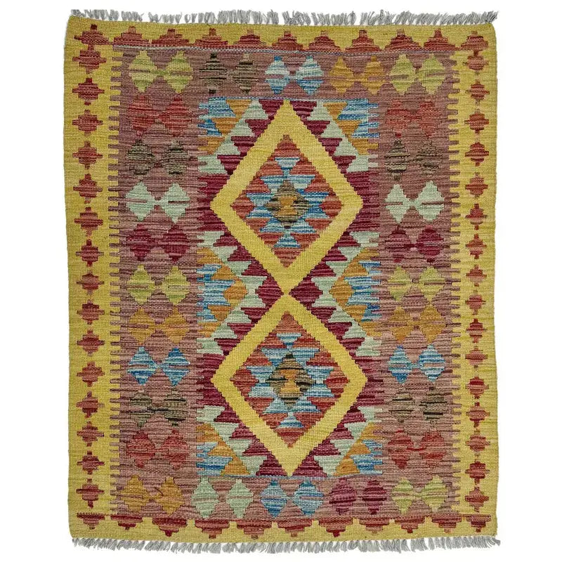 Afghan Vegetable Kilim Rug 3' 3" x 3' 10" Flat-Weave | No. AL152644