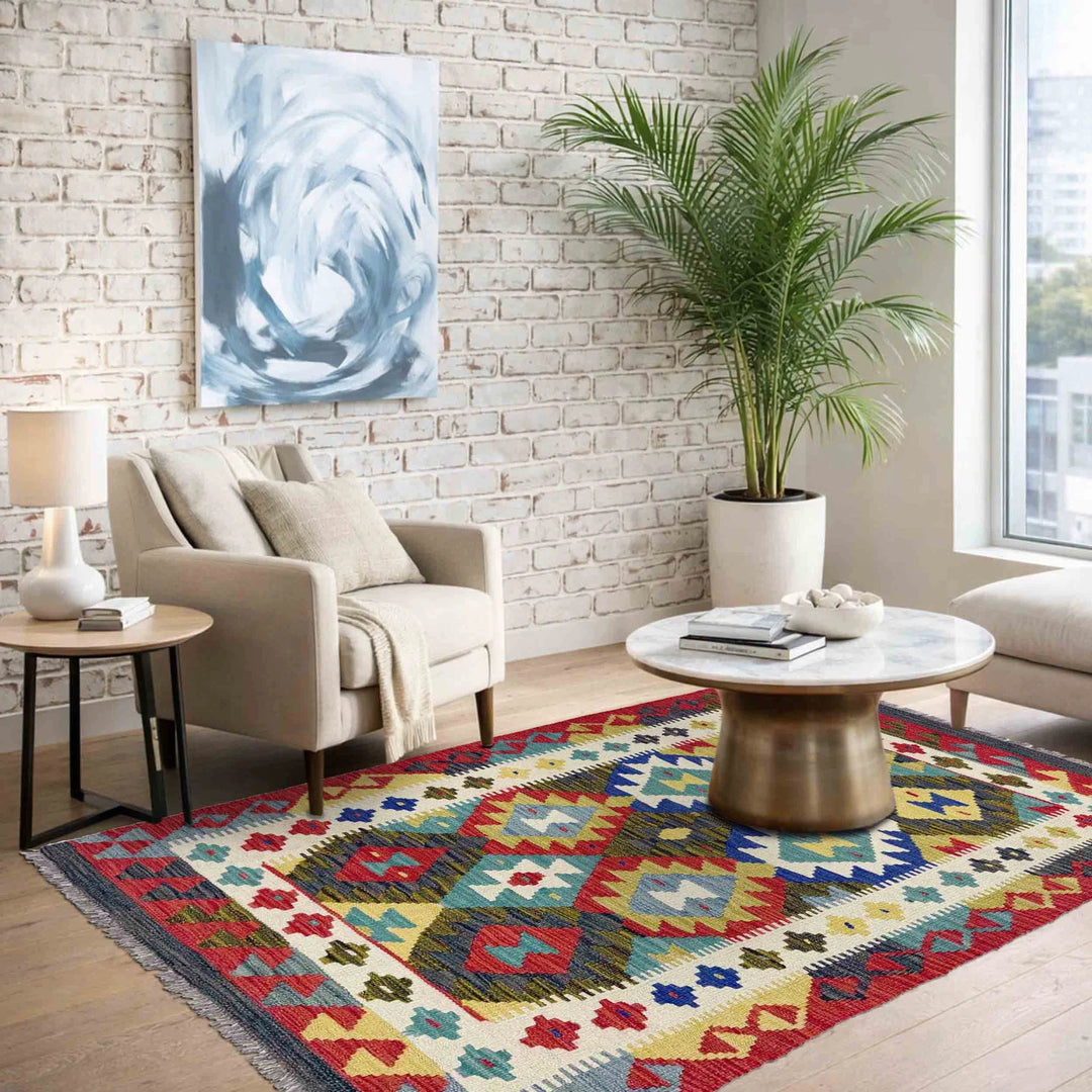 Multicolor Afghan Vegetable Kilim Rug 3' 5" x 5' 3" Flat-Weave | No. AL15273