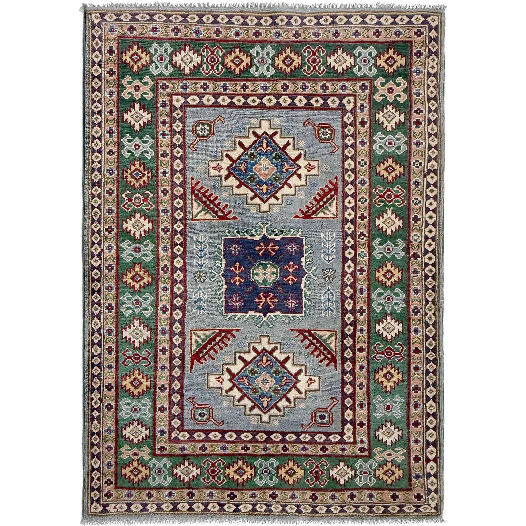 Gray Afghan Kazak Rug 3' 2" x 4' 9" Hand-Knotted | No. AL15303