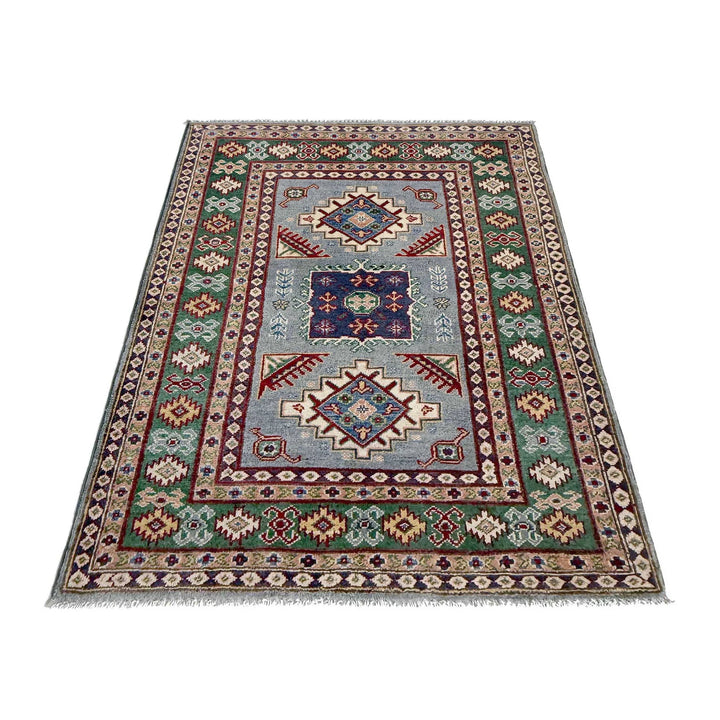 Gray Afghan Kazak Rug 3' 2" x 4' 9" Hand-Knotted | No. AL15303