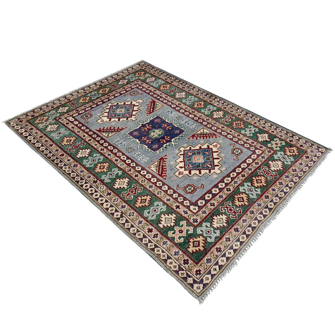 Gray Afghan Kazak Rug 3' 2" x 4' 9" Hand-Knotted | No. AL15303