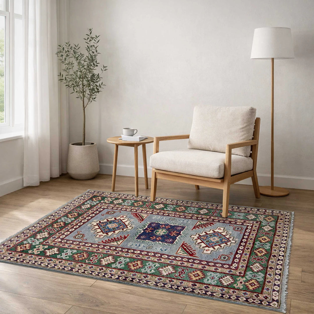 Gray Afghan Kazak Rug 3' 2" x 4' 9" Hand-Knotted | No. AL15303