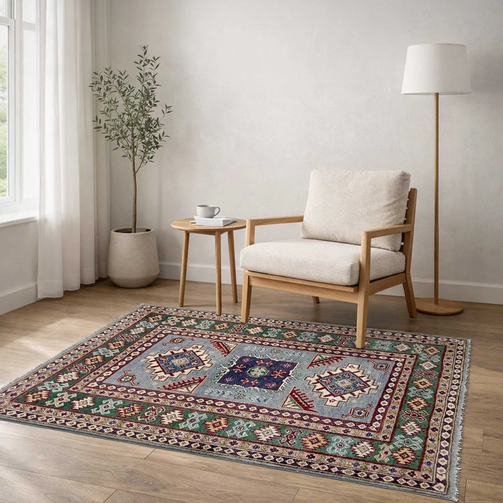 Gray Afghan Kazak Rug 3' 2" x 4' 9" Hand-Knotted | No. AL15303