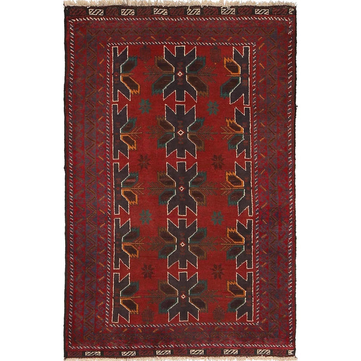 Red Afghan Baluchi Rug 3' 0" x 4' 8" Hand-Knotted | No. AL15458