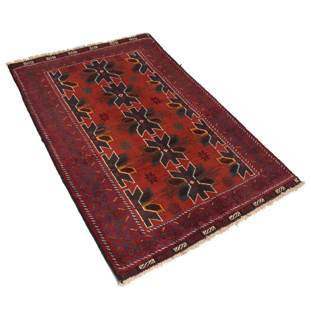 Red Afghan Baluchi Rug 3' 0" x 4' 8" Hand-Knotted | No. AL15458