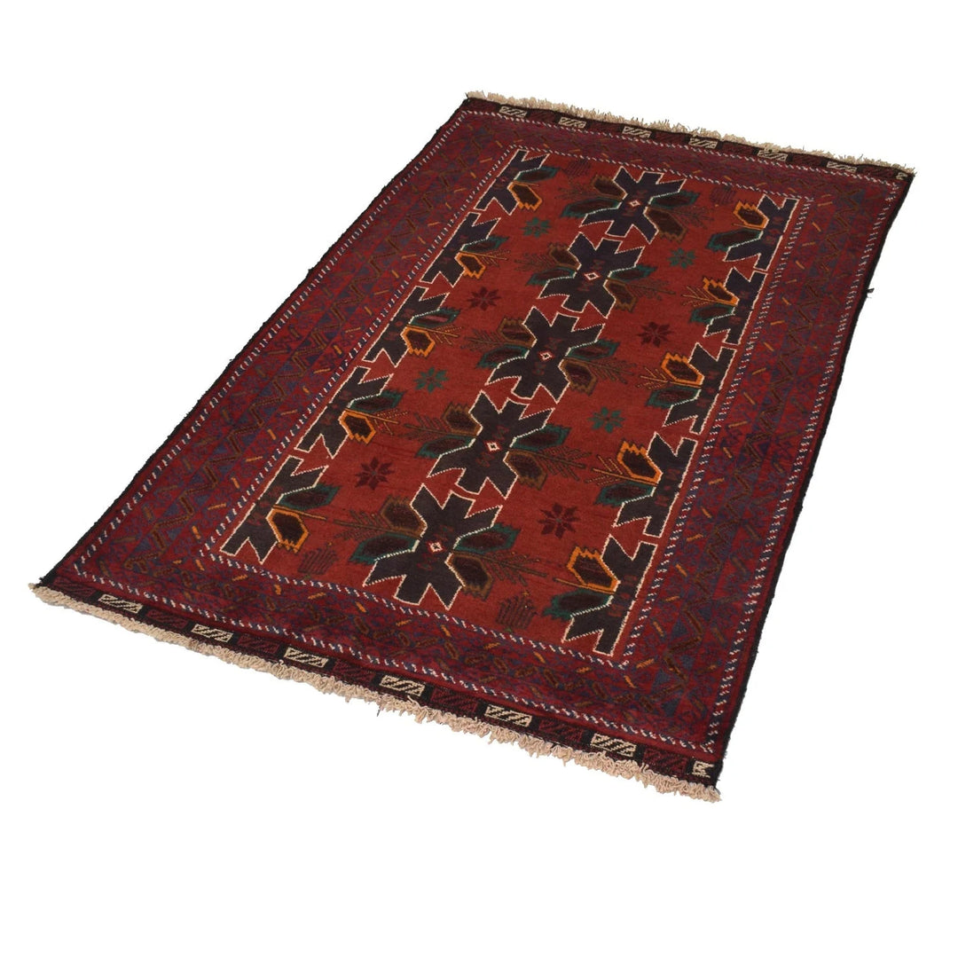 Red Afghan Baluchi Rug 3' 0" x 4' 8" Hand-Knotted | No. AL15458