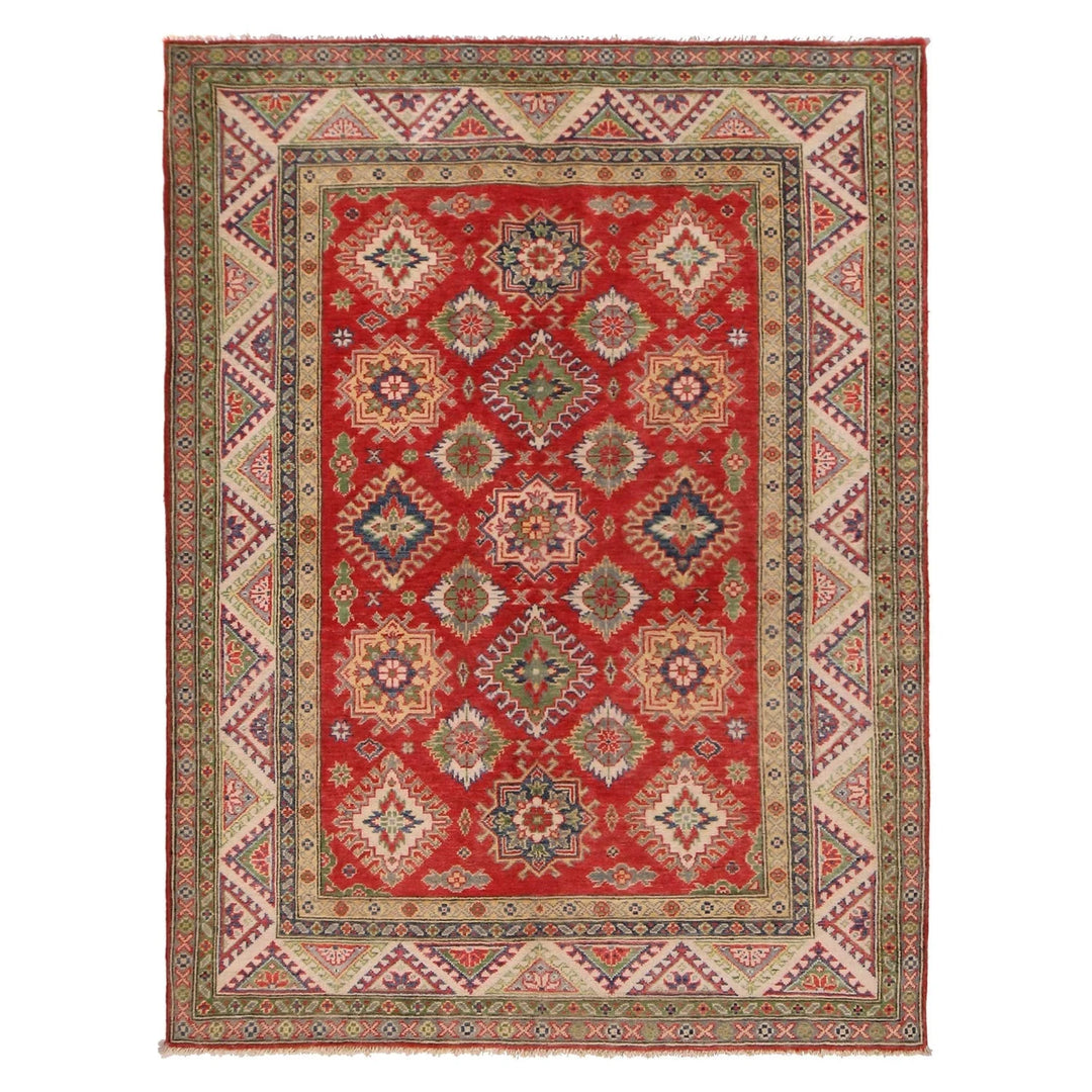 Red Afghan Kazak Rug 5' 0" x 6' 9" Hand-Knotted | No. AL15463