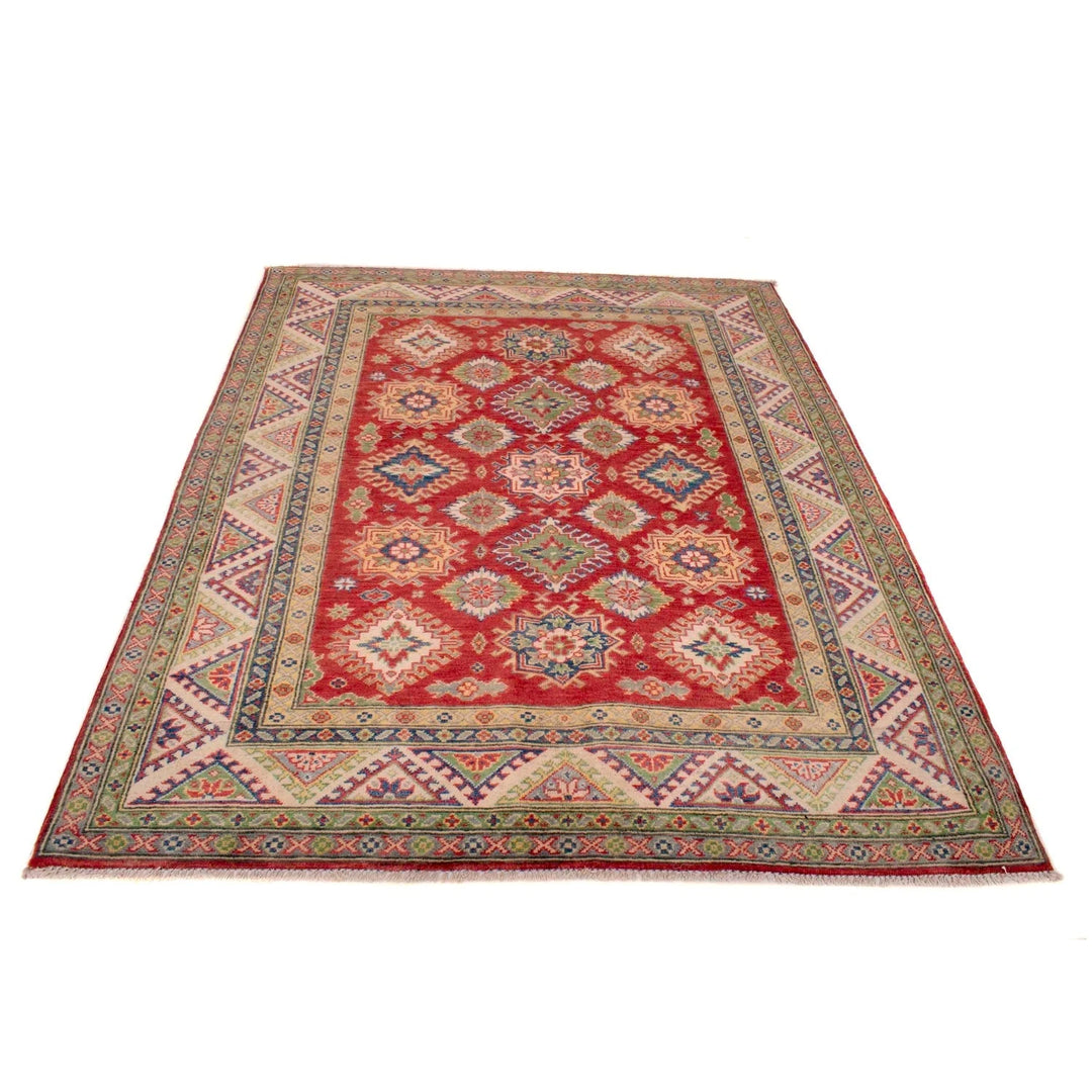 Red Afghan Kazak Rug 5' 0" x 6' 9" Hand-Knotted | No. AL15463