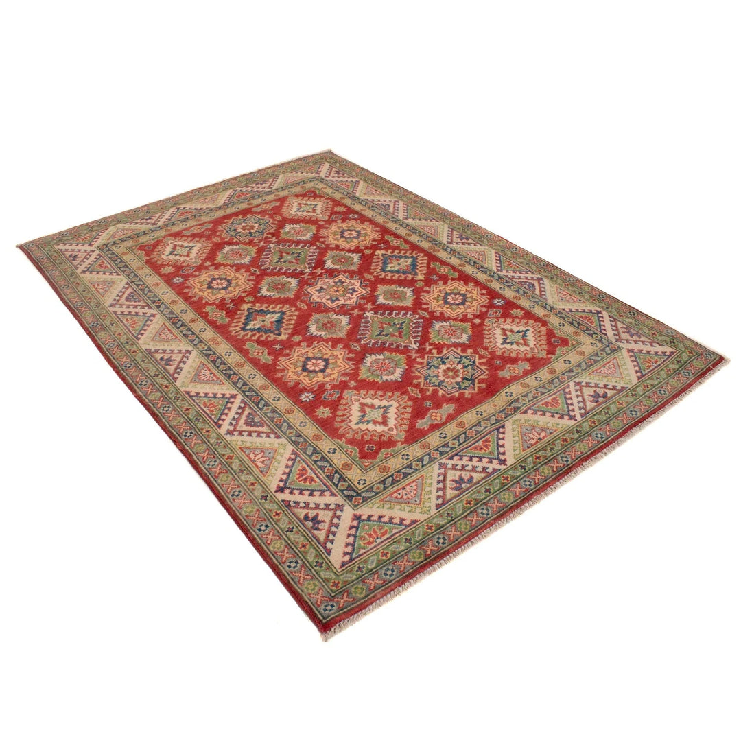 Red Afghan Kazak Rug 5' 0" x 6' 9" Hand-Knotted | No. AL15463