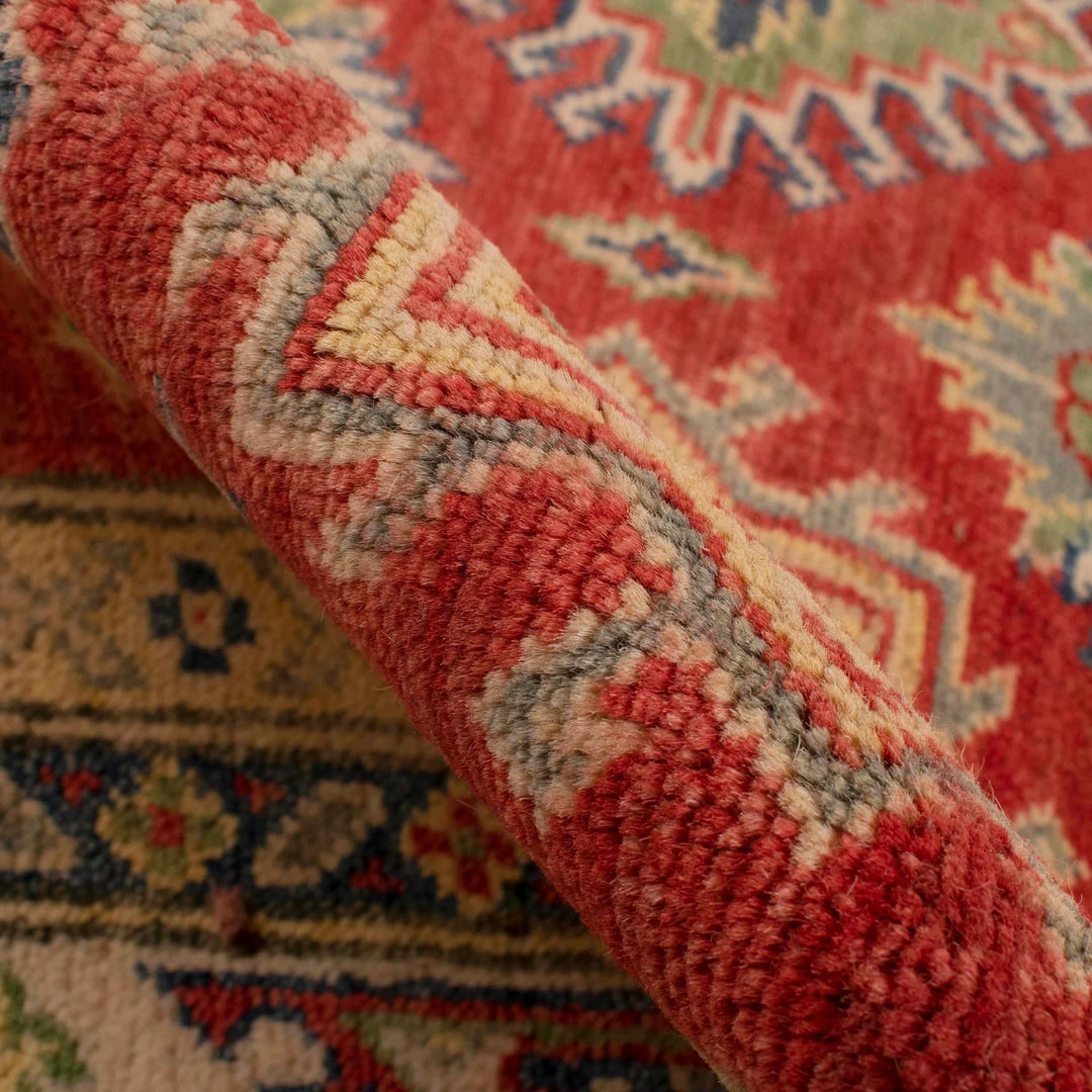 Red Afghan Kazak Rug 5' 0" x 6' 9" Hand-Knotted | No. AL15463