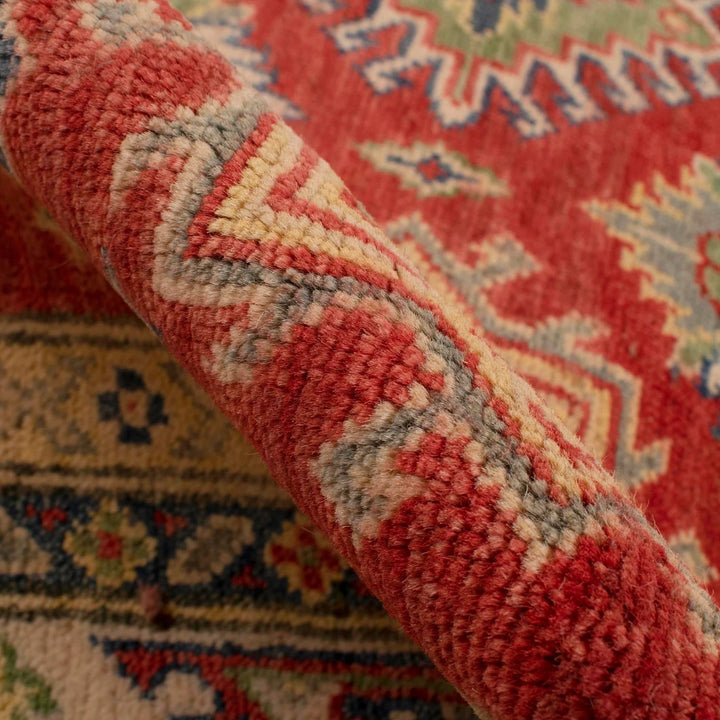 Red Afghan Kazak Rug 5' 0" x 6' 9" Hand-Knotted | No. AL15463