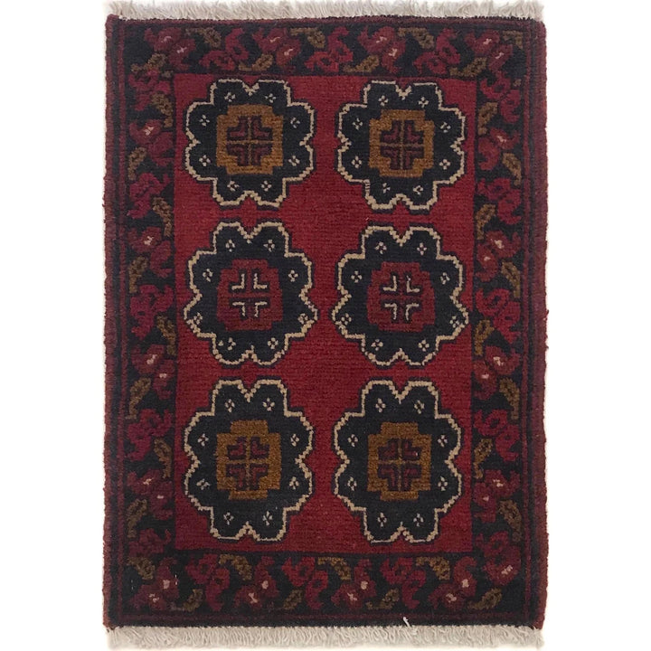 Red Afghan Oriental Doormat 1' 4" x 1' 11" Hand-Knotted | No. AL15476