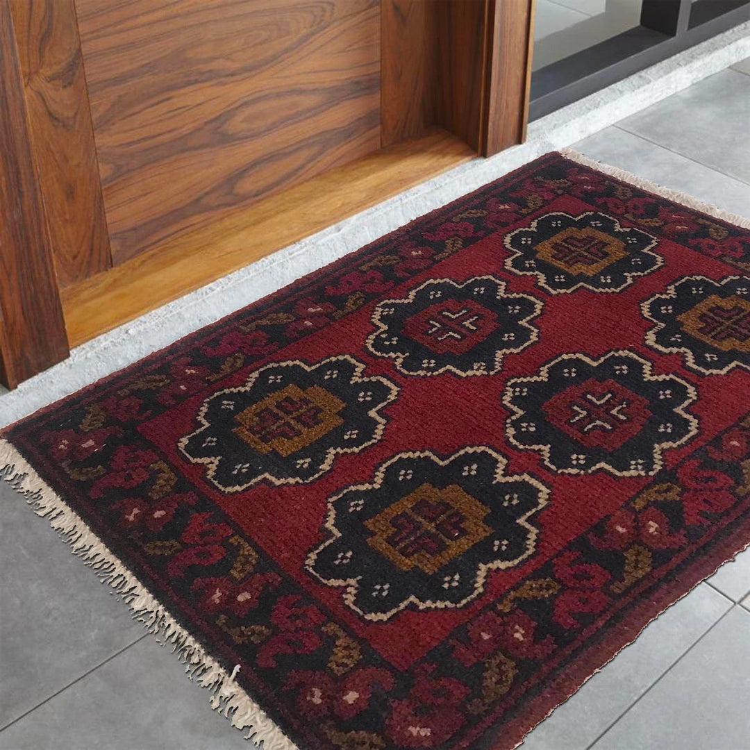 Red Afghan Oriental Doormat 1' 4" x 1' 11" Hand-Knotted | No. AL15476