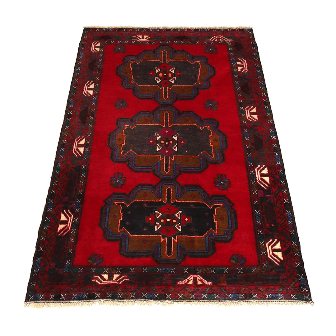 Red Afghan Baluchi Rug 2' 11" x 4' 11" Hand-Knotted | No. AL15481