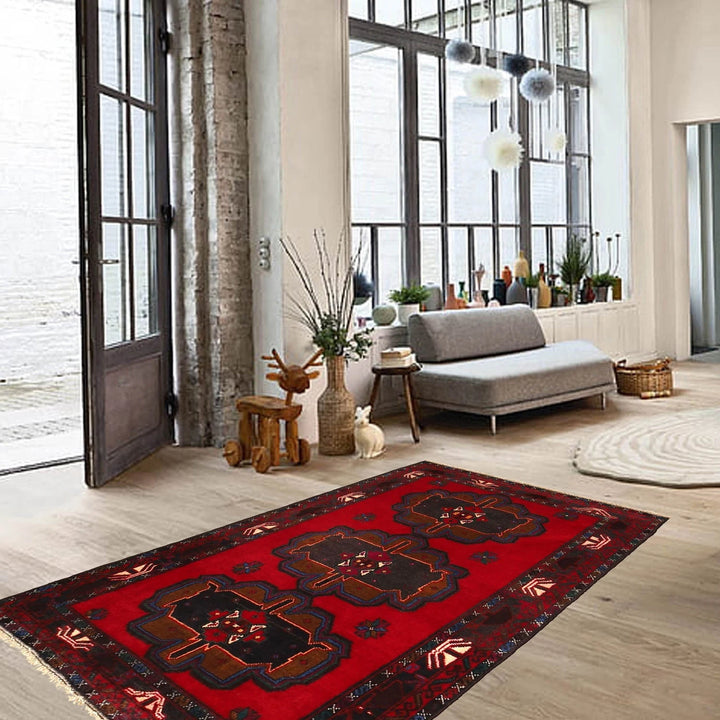 Red Afghan Baluchi Rug 2' 11" x 4' 11" Hand-Knotted | No. AL15481