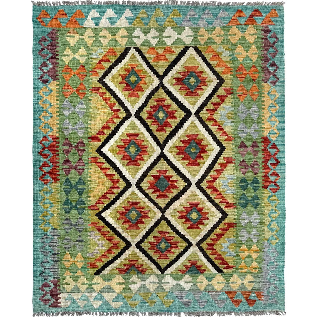 Afghan Vegetable Kilim Rug 4' 2" x 5' 3" Flat-Weave | No. AL15572