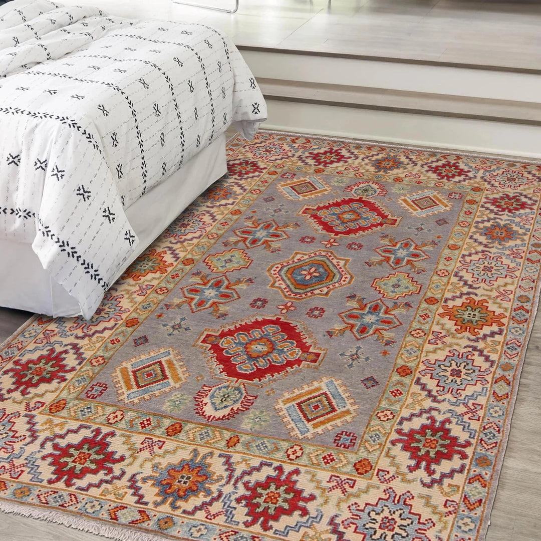 Gray Afghan Kazak Rug 3'5" x 5'1" Hand-Knotted | No. AL15602