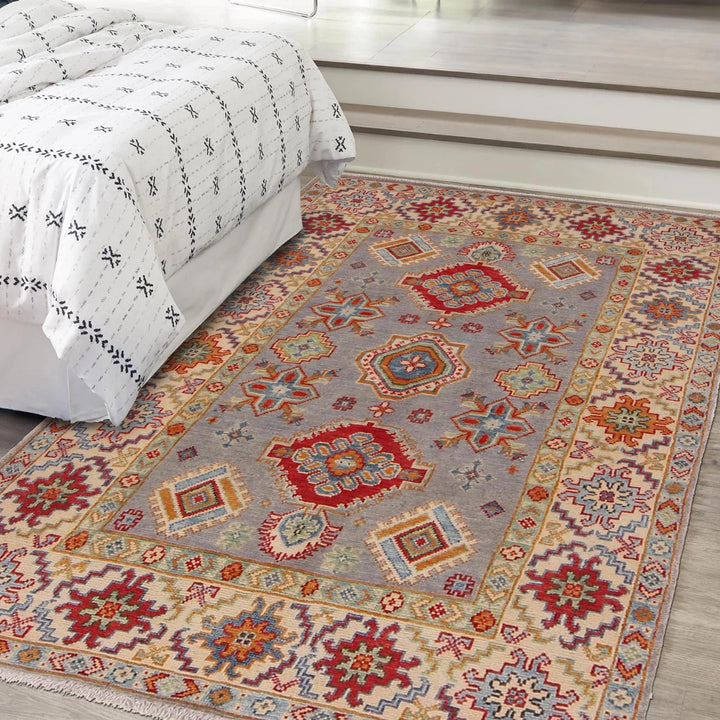 Gray Afghan Kazak Rug 3'5" x 5'1" Hand-Knotted | No. AL15602