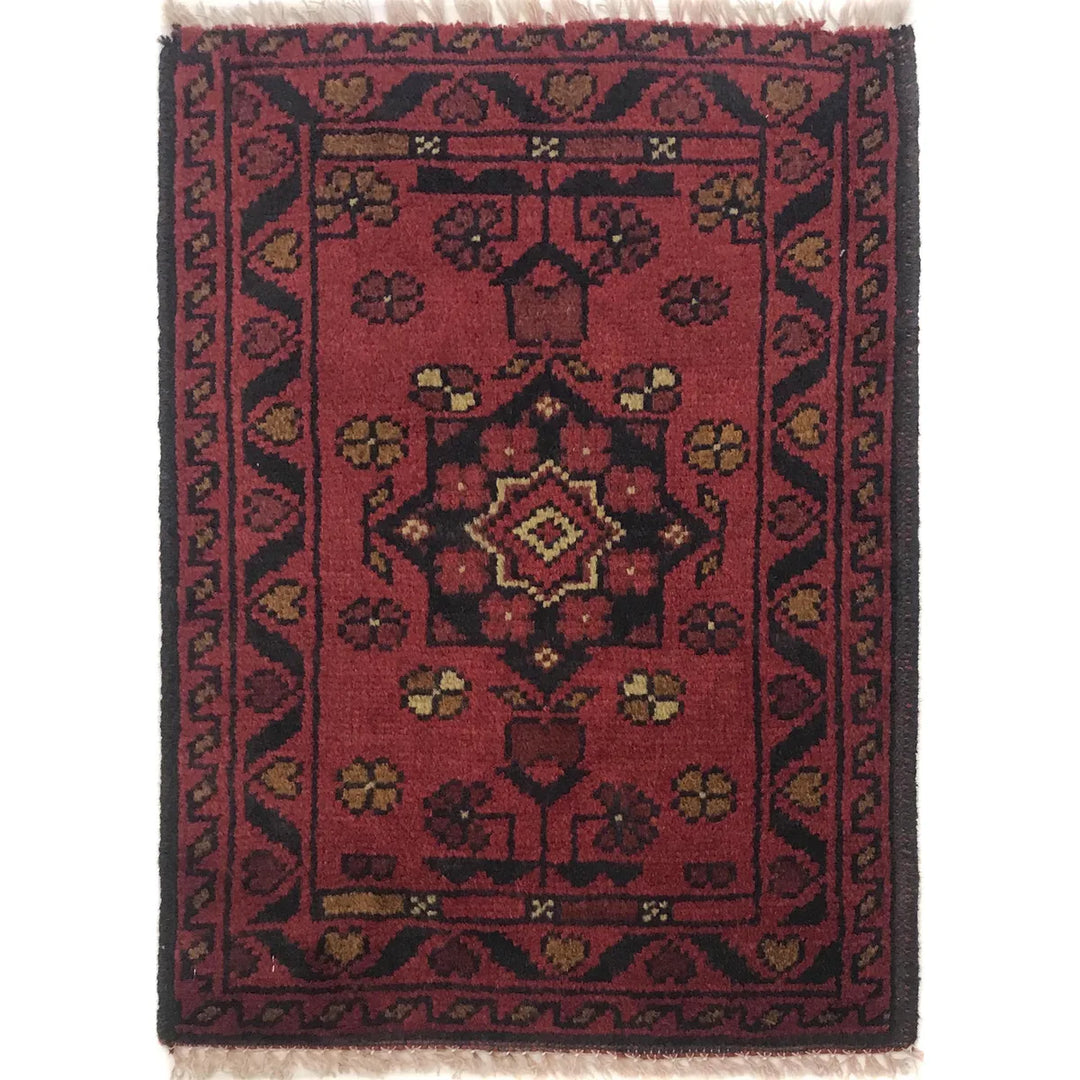 Red Afghan Doormat Rug 1' 5" x 1' 11" Hand-Knotted | No. AL15696