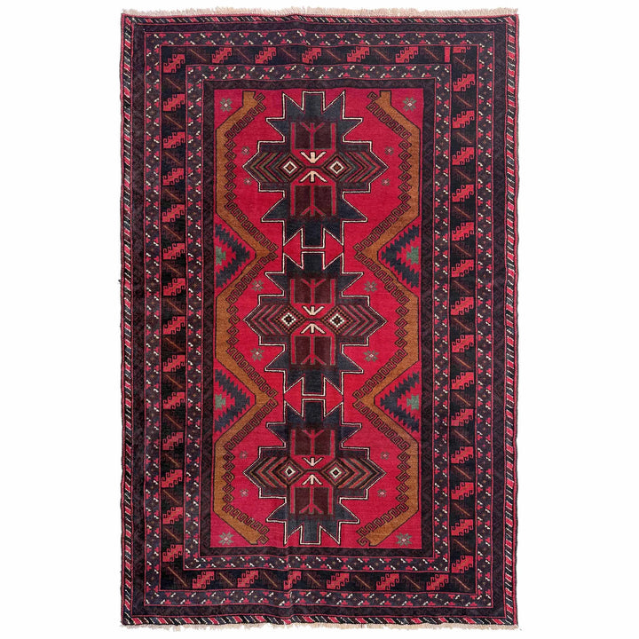 Red Afghan Baluchi Rug 3' 10" x 6' 5" Hand-Knotted | No. AL15737