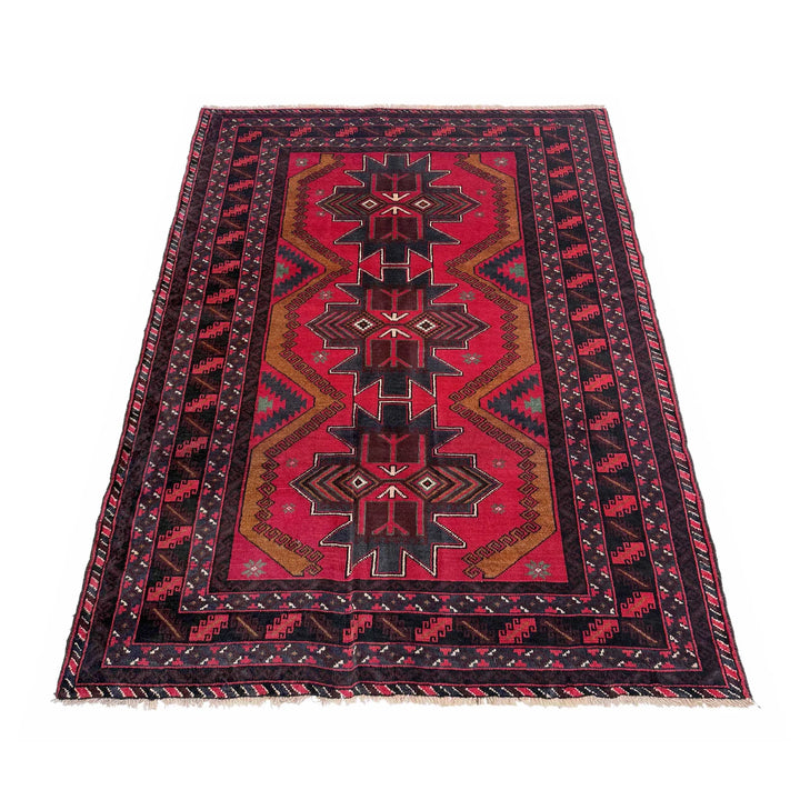 Red Afghan Baluchi Rug 3' 10" x 6' 5" Hand-Knotted | No. AL15737