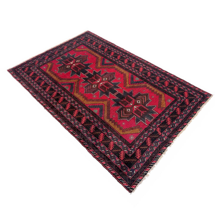 Red Afghan Baluchi Rug 3' 10" x 6' 5" Hand-Knotted | No. AL15737