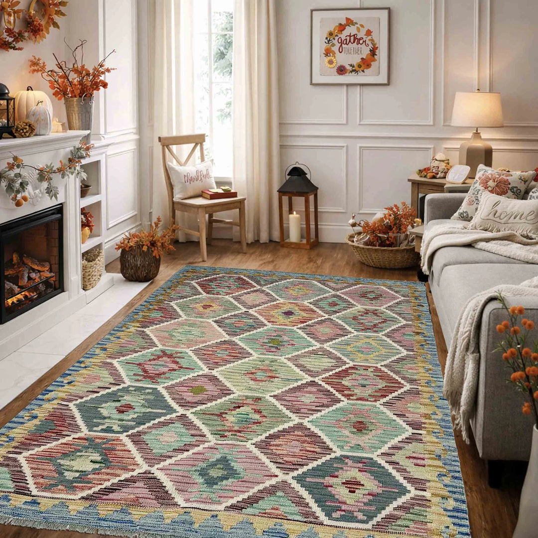 Multicolor Afghan Vegetable Kilim Rug 4' 11" x 6' 7" Flat-Weave | No. AL16126