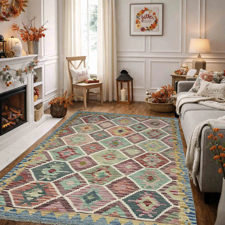 Multicolor Afghan Vegetable Kilim Rug 4' 11" x 6' 7" Flat-Weave | No. AL16126
