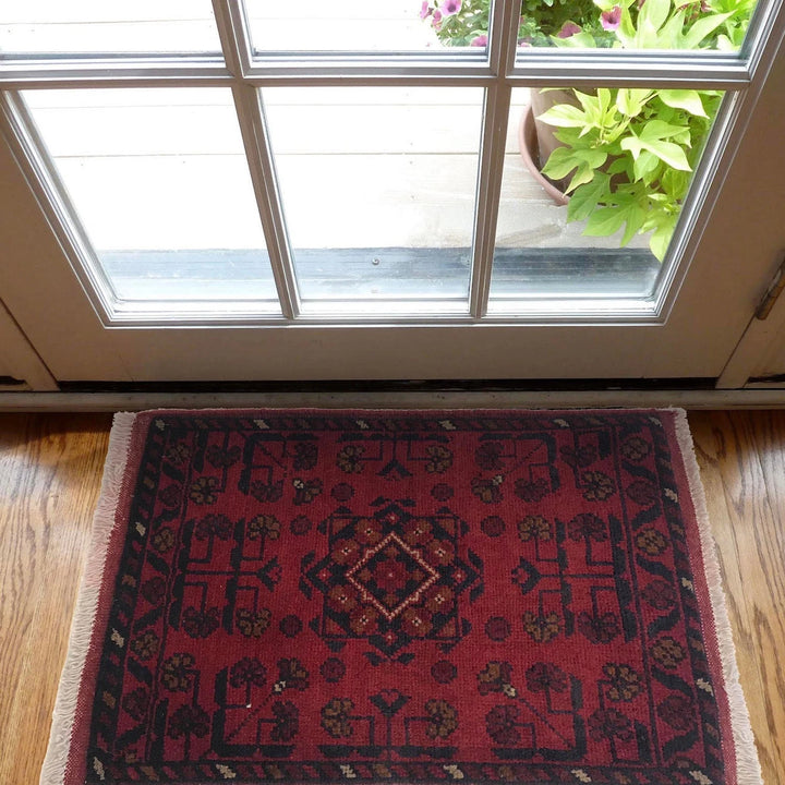 Red Afghan Oriental Doormat 1' 5" x 2' 0" Hand-Knotted | No. AL16134