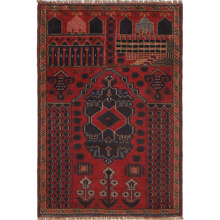 Red Afghan Prayer Rug 3' 1" x 4' 8" Hand-Knotted | No. AL16256