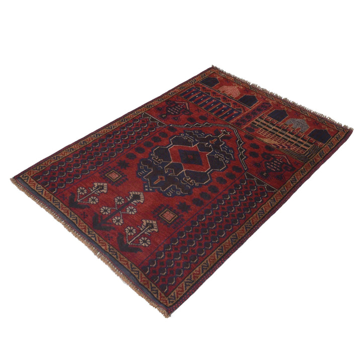 Red Afghan Prayer Rug 3' 1" x 4' 8" Hand-Knotted | No. AL16256
