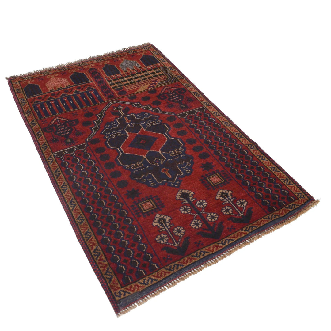 Red Afghan Prayer Rug 3' 1" x 4' 8" Hand-Knotted | No. AL16256
