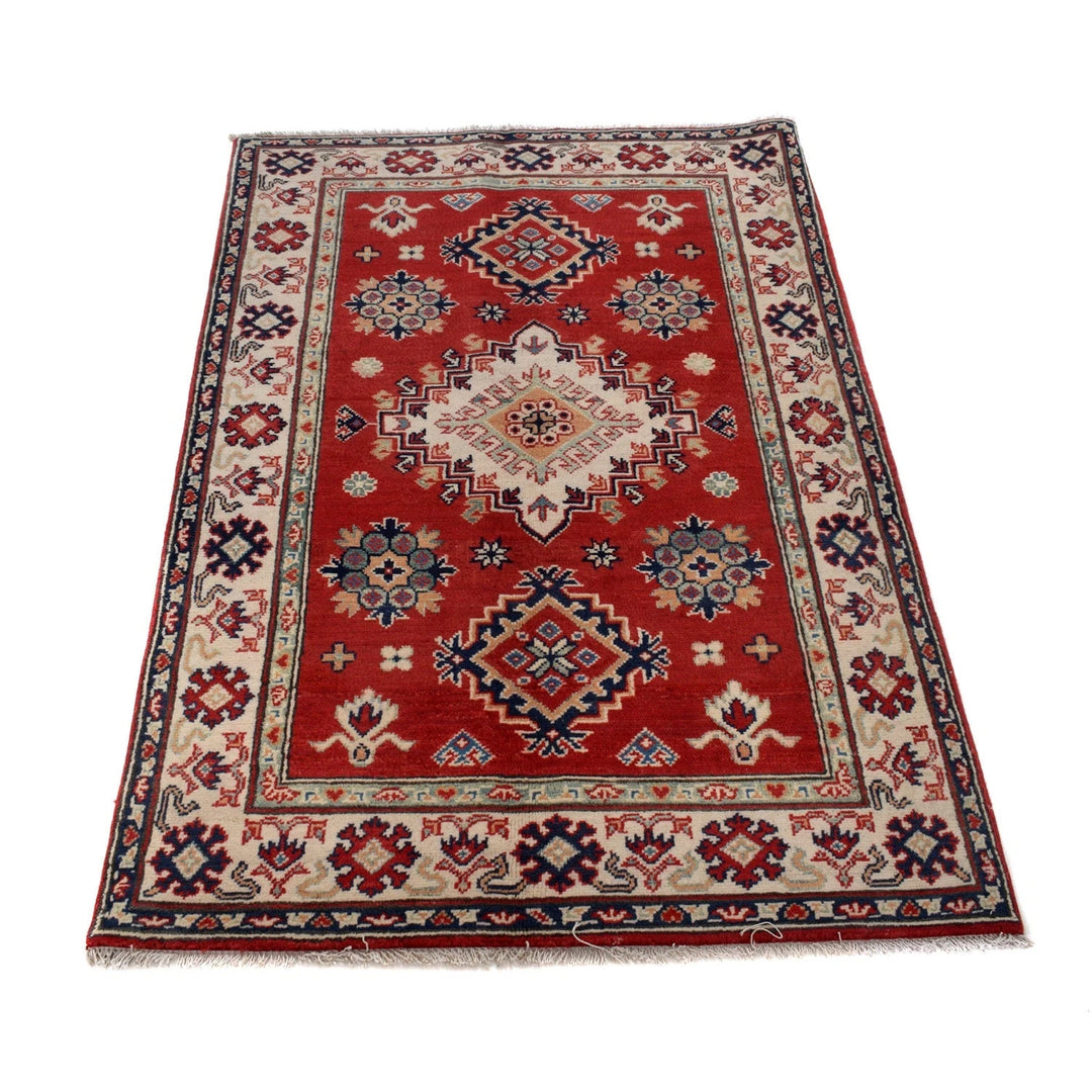 Red Afghan Kazak Rug 3' 3" x 5' 2" Hand-Knotted | No. AL16390