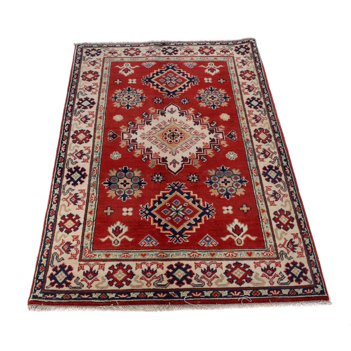 Red Afghan Kazak Rug 3' 3" x 5' 2" Hand-Knotted | No. AL16390