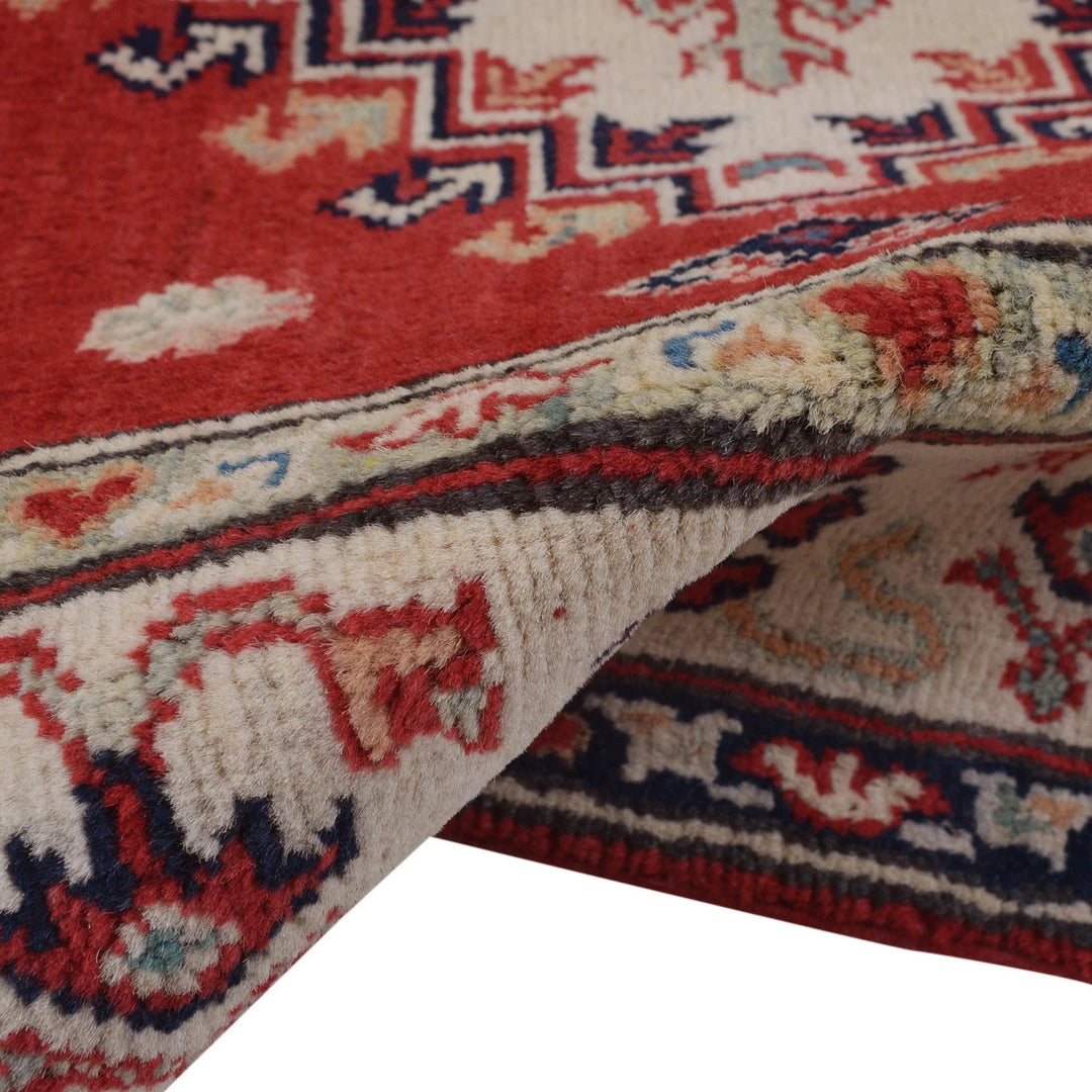 Red Afghan Kazak Rug 3' 3" x 5' 2" Hand-Knotted | No. AL16390