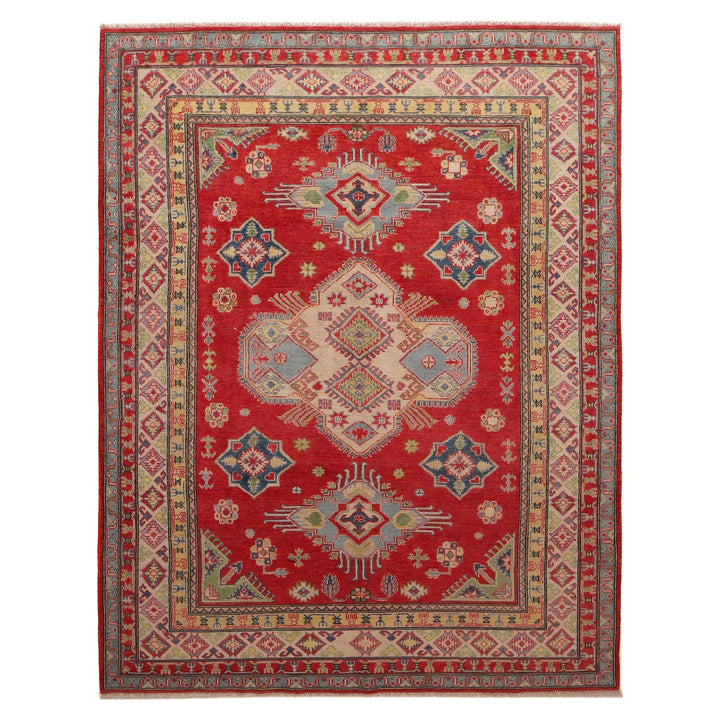 Red Afghan Kazak Rug 6' 9" x 9' 9" Hand-Knotted | No. AL16438