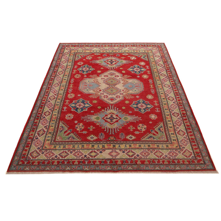 Red Afghan Kazak Rug 6' 9" x 9' 9" Hand-Knotted | No. AL16438
