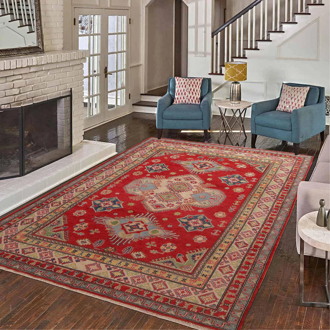 Red Afghan Kazak Rug 6' 9" x 9' 9" Hand-Knotted | No. AL16438