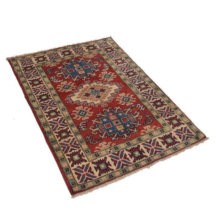 Red Afghan Kazak Rug 2' 9" x 3' 11" Hand-Knotted | No. AL16527