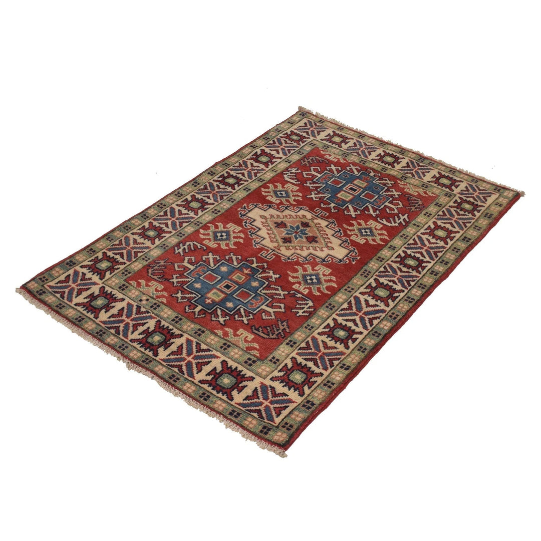 Red Afghan Kazak Rug 2' 9" x 3' 11" Hand-Knotted | No. AL16527
