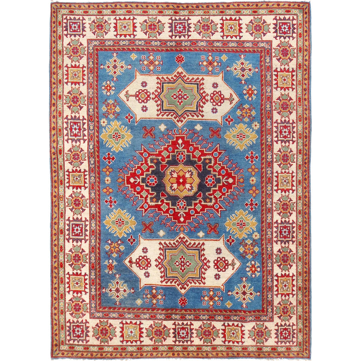 Blue Afghan Kazak Rug 4' 11" x 6' 7" Hand-Knotted | No. AL16673